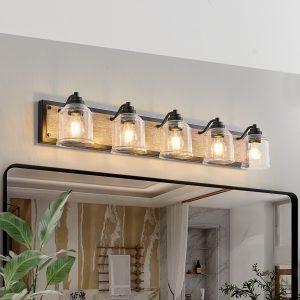 1-24.jpg 40" Farmhouse Vanity Light Fixture, 5-Light Bathroom Wall Sconce with Clear Seeded Glass Shades, Black and Wood Grain Finish, Modern Industrial Design for Bathroom or Powder Room (No Bulbs)