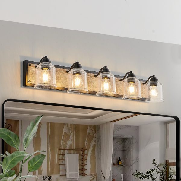40" Farmhouse Vanity Light Fixture, 5-Light Bathroom Wall Sconce with Clear Seeded Glass Shades, Black and Wood Grain Finish, Modern Industrial Design for Bathroom or Powder Room (No Bulbs)
