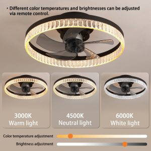 20" Brown Ceiling Fan with LED Light C Modern Flush Mount Fan Light for Bedroom, Living Room, and Home Dcor with Crystal Ring Design