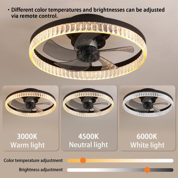 20" Brown Ceiling Fan with LED Light C Modern Flush Mount Fan Light for Bedroom, Living Room, and Home Dcor with Crystal Ring Design