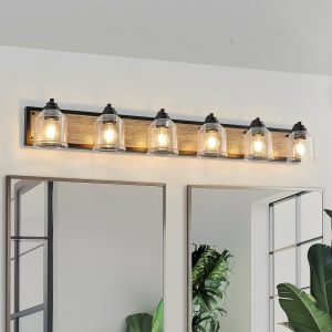 1-25.jpg 49" Farmhouse Vanity Light Fixture, 6-Light Bathroom Wall Sconce with Clear Seeded Glass Shades, Black and Wood Grain Finish, Modern Industrial Design for Bathroom or Powder Room (No Bulbs)