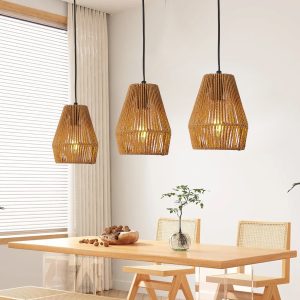 1-26.jpg 7" Set of 3 Rustic Hemp Rope Pendant Light, Handcrafted Farmhouse Hanging Light Fixture, Adjustable Height Ceiling Lamp for Kitchen Island, Dining Room, or Living Room, Natural Woven Design (No Bulbs)