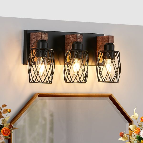 18" Industrial Vintage 3-Light Wall Sconce - Black Cage Wall Lighting Fixture with Wooden Accents for Bathroom, Hallway, or Living Room (Bulb Not Included)