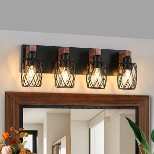 24" Industrial Vintage 4-Light Wall Sconce - Black Cage Wall Lighting Fixture with Wooden Accents for Bathroom, Hallway, or Living Room (Bulb Not Included)