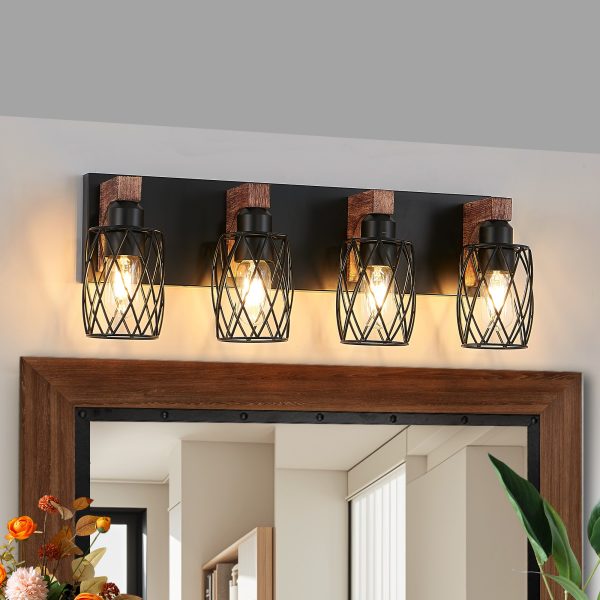 24" Industrial Vintage 4-Light Wall Sconce - Black Cage Wall Lighting Fixture with Wooden Accents for Bathroom, Hallway, or Living Room (Bulb Not Included)
