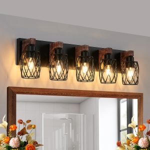 1-31.jpg 31" Industrial Vintage 5-Light Wall Sconce - Black Cage Wall Lighting Fixture with Wooden Accents for Bathroom, Hallway, or Living Room (Bulb Not Included)