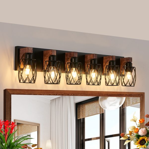 38" Industrial Vintage 6-Light Wall Sconce - Black Cage Wall Lighting Fixture with Wooden Accents for Bathroom, Hallway, or Living Room (Bulb Not Included)