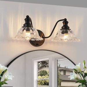 20 Inch 2-Light Vintage Bathroom Wall Sconce C Elegant Black Metal and Glass Lampshade Vanity Light Fixture for Bathroom, Hallway, or Bedroom (Bulb Not Included)