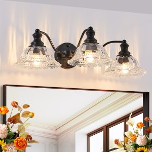 24 Inch 3-Light Vintage Bathroom Wall Sconce C Elegant Black Metal and Glass Lampshade Vanity Light Fixture for Bathroom, Hallway, or Bedroom (Bulb Not Included)