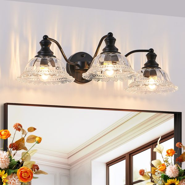 24 Inch 3-Light Vintage Bathroom Wall Sconce C Elegant Black Metal and Glass Lampshade Vanity Light Fixture for Bathroom, Hallway, or Bedroom (Bulb Not Included)