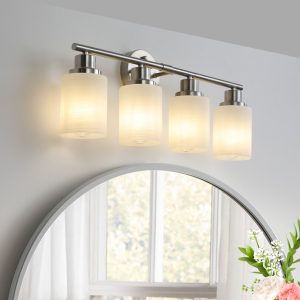 24" Modern 4-Light Vanity Wall Sconce, Brushed Nickel Finish with Frosted Glass Shades for Bathroom or Hallway Lighting (No Bulbs)