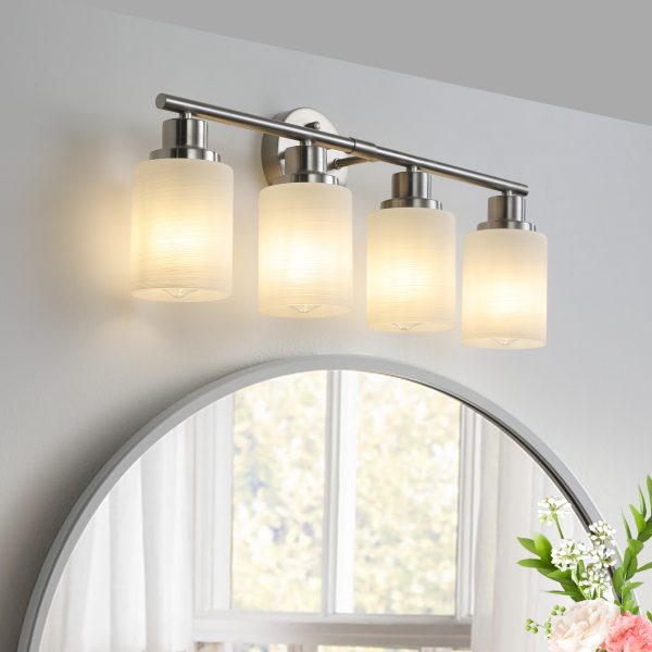 1-4.jpg 24" Modern 4-Light Vanity Wall Sconce, Brushed Nickel Finish with Frosted Glass Shades for Bathroom or Hallway Lighting (No Bulbs)