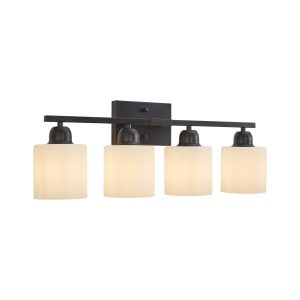 Black Bathroom Light Fixtures, 4-Light Modern Vanity Light Over Mirror, Wall Sconces with Milky White Frosted Glass Shades, E26 Socket (Bulbs Not Included)