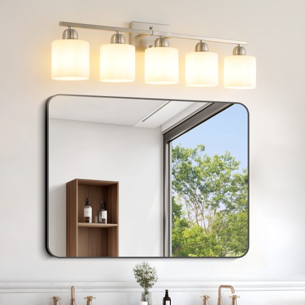 1-45.jpg Brushed Nickel Bathroom Light Fixtures, 5-Light Modern Vanity Light Over Mirror, Wall Sconces with Milky White Frosted Glass Shades, E26 Socket (Bulbs Not Included)