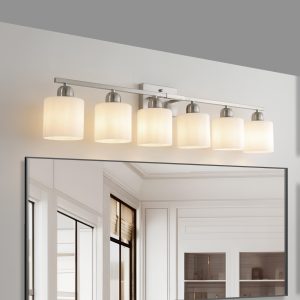 1-48.jpg 38" Bathroom Vanity Light, 6-Light Nickel Vanity Lights for Bathroom, Wall Sconce Lighting with Milky White Glass Shade, Wall Lights,Bath Vintage Wall Mounted Lamps for Mirror Bedroom