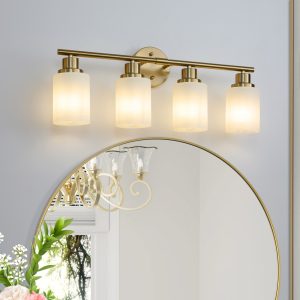 24" Modern 4-Light Vanity Wall Sconce, Golden Finish with Frosted Glass Shades for Bathroom or Hallway Lighting (No Bulbs)
.00