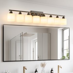 1-50.jpg 8-Light Bathroom Light Fixtures Over Mirror, 52inch Modern Matte Black Vanity Lights with White Frosted Glass Shade, Bathroom Wall Lamp Sconces for Mirror Bedroom, Living Room Hallway