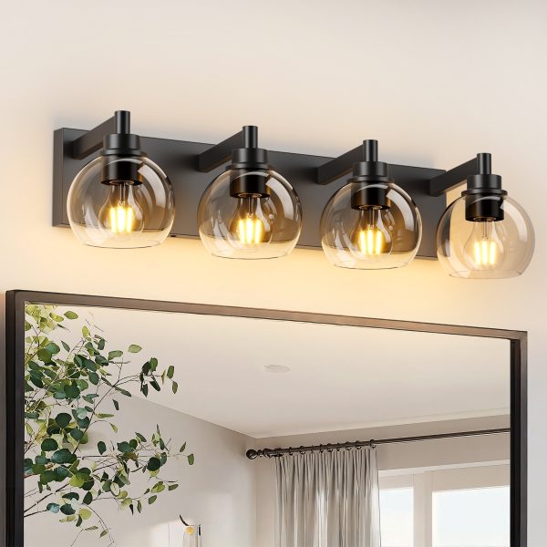 1-54.jpg Industrial Bathroom Vanity Light,4-Light Bathroom Lights Over Mirror with Clear Glass Globe Shade and Metal Base, Matte Black Bathroom Vanity Light Fixture(Bulbs Not Included)