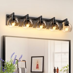 1-55.jpg Bathroom Light Fixtures Over Mirror 5-Lights Bathroom Vanity Light with Clear Globe Glass Shade Modern Black Vanity Light Wall Sconce Vanity Lighting for Bath(Bulbs Not Included)