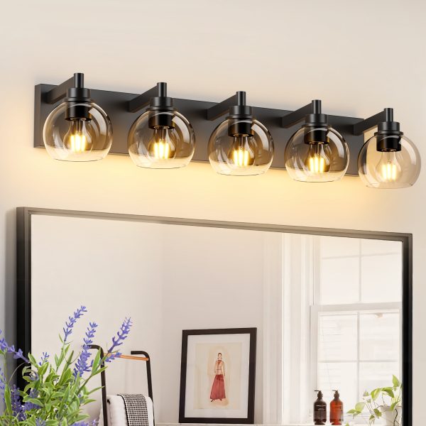 1-55.jpg Bathroom Light Fixtures Over Mirror 5-Lights Bathroom Vanity Light with Clear Globe Glass Shade Modern Black Vanity Light Wall Sconce Vanity Lighting for Bath(Bulbs Not Included)