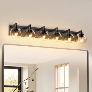 Farmhouse Bathroom Vanity Light Fixtures, 6-Light Wood Bathroom Light Fixtures Over Mirror, Rustic Sconces Wall Lighting with Glass Shade for Living Room, Bedroom, Hallway