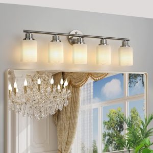 1-6.jpg 31" Modern 5-Light Vanity Wall Sconce, Brushed Nickel Finish with Frosted Glass Shades for Bathroom or Hallway Lighting (No Bulbs)