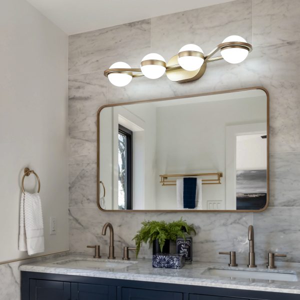 28" Golden Minimalist LED Bathroom Vanity Light with Crystal Sand Acrylic Shades, 4-Light Wall Mounted Decorative Lighting Fixture, Suitable for Bathroom Vanity Mirror