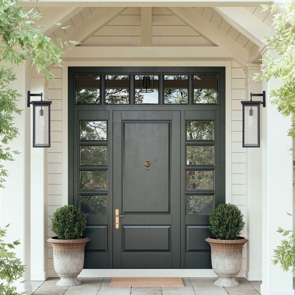 Outdoor Wall Light Fixtures, Exterior Waterproof Wall Lanterns, Porch Sconces Lighting with E26 Sockets & Glass Shades, Modern Matte Black Outside Lights for Patio Front Door Entryway Garage, 2-Pack
