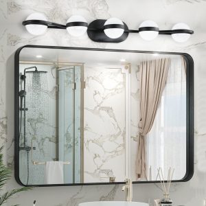 1-61.jpg 35" Modern Minimalist Bathroom Vanity Light, LED 5 Bulb Crystal Sand Acrylic Shades, Wall Mounted Decorative Lighting Fixture, Suitable for Bathroom Vanity Mirror (Black)
