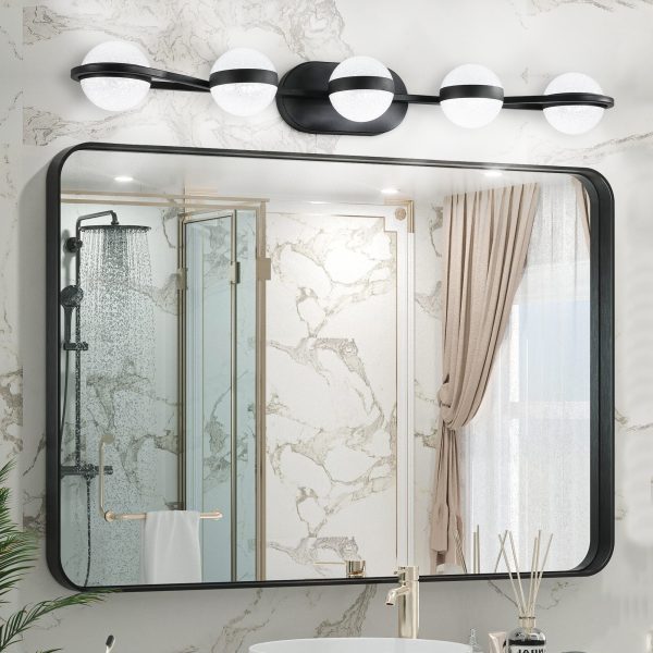 35" Modern Minimalist Bathroom Vanity Light, LED 5 Bulb Crystal Sand Acrylic Shades, Wall Mounted Decorative Lighting Fixture, Suitable for Bathroom Vanity Mirror (Black)
