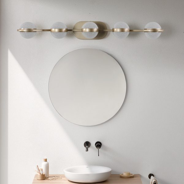 35" Modern Minimalist Bathroom Vanity Light, LED 5 Bulb Crystal Sand Acrylic Shades, Wall Mounted Decorative Lighting Fixture, Suitable for Bathroom Vanity Mirror (Champagne Gold)