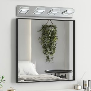 1-68.jpg 26" Modern Chrome 4-Light LED Vanity Light, Square Acrylic Lampshades Wall Mount Fixture for Bathroom, Mirror Lighting