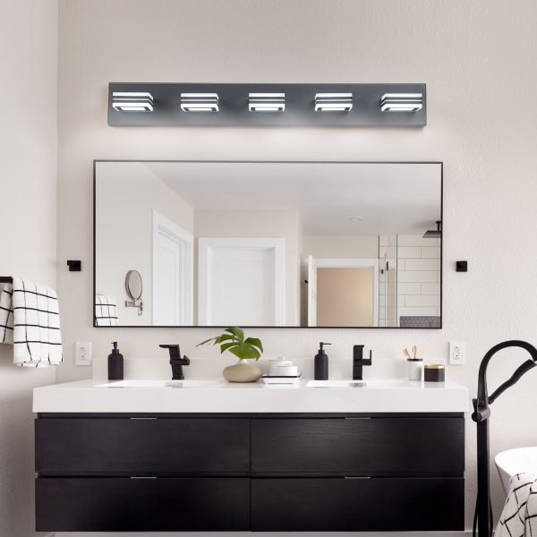 34" Modern 5-Light LED Vanity Light - Sleek Bathroom Wall Fixture, Iron & Acrylic, Dimmable & Energy-Efficient, Ideal for Mirror Lighting