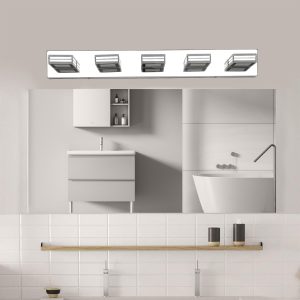1-71.jpg 32" Modern Chrome 5-Light LED Vanity Light, Square Acrylic Lampshades Wall Mount Fixture for Bathroom, Mirror Lighting