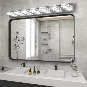 1-76.jpg 45" Modern Chrome 7-Light LED Vanity Light, Square Acrylic Lampshades Wall Mount Fixture for Bathroom, Mirror Lighting