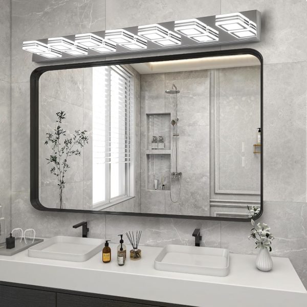 45" Modern Chrome 7-Light LED Vanity Light, Square Acrylic Lampshades Wall Mount Fixture for Bathroom, Mirror Lighting
