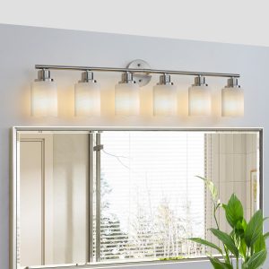 1-8.jpg 39" Modern 6-Light Vanity Wall Sconce, Brushed Nickel Finish with Frosted Glass Shades for Bathroom or Hallway Lighting (No Bulbs)