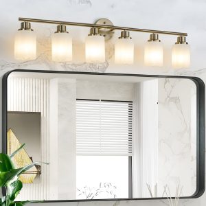 1-9.jpg 39" Modern 6-Light Vanity Wall Sconce, Golden Finish with Frosted Glass Shades for Bathroom or Hallway Lighting (No Bulbs)