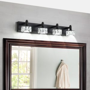 Modern 4-Light Matte Black LED Vanity Light Fixture with Crystal Glass Shades, Bathroom Wall Sconce for Elegant and Contemporary Home Decor