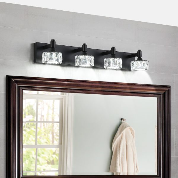 1-97.jpg Modern 4-Light Matte Black LED Vanity Light Fixture with Crystal Glass Shades, Bathroom Wall Sconce for Elegant and Contemporary Home Decor