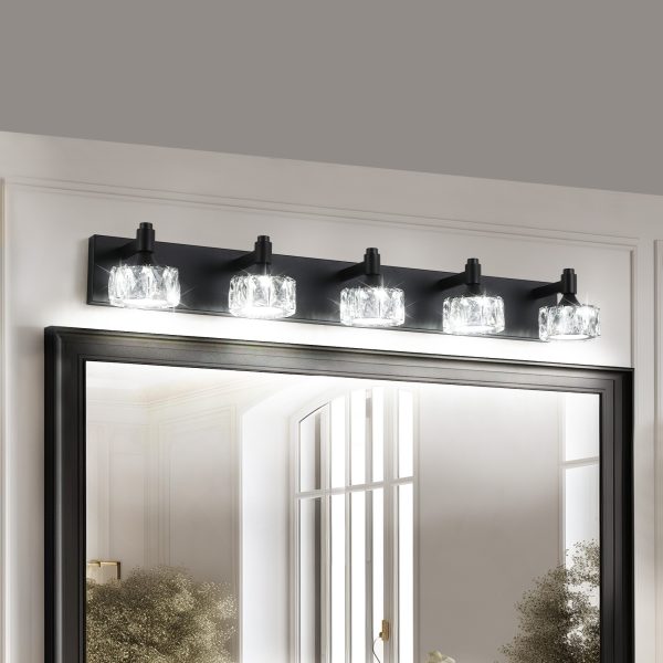 1-98.jpg Modern 5-Light Matte Black LED Vanity Light Fixture with Crystal Glass Shades, Bathroom Wall Sconce for Elegant and Contemporary Home Decor