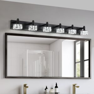 1-99.jpg Modern 6-Light Matte Black LED Vanity Light Fixture with Crystal Glass Shades, Bathroom Wall Sconce for Elegant and Contemporary Home Decor