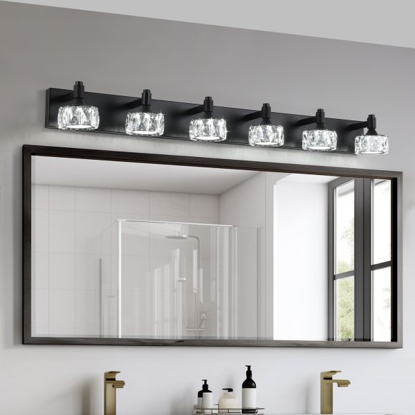 1-99.jpg Modern 6-Light Matte Black LED Vanity Light Fixture with Crystal Glass Shades, Bathroom Wall Sconce for Elegant and Contemporary Home Decor
