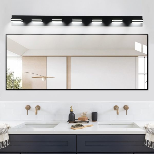 Modern Black LED Vanity Light, 7-Lights Wall Sconce for Bathroom and Mirror, Sleek Minimalist Design, Energy-Efficient, Easy to Install