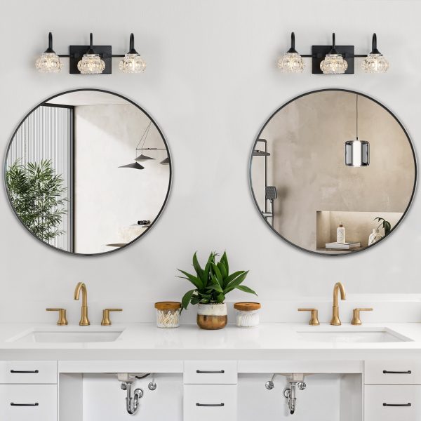 17" Retro 3-Light Bathroom Vanity Light Fixture - Black Finish with Crystal Glass Shades, Wall Mounted Lighting for Bathroom, Powder Room, and Vanity Mirror (No Bulbs)