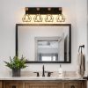 24" Modern Geometric 4-Light Vanity Light Fixture with Black Metal, Wooden Accents and Cage Lampshade for Bathroom, Bedroom, or Living Room (Bulb Not Included)