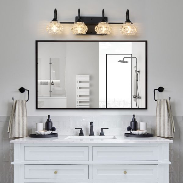 23" Retro 4-Light Bathroom Vanity Light Fixture - Black Finish with Crystal Glass Shades, Wall Mounted Lighting for Bathroom, Powder Room, and Vanity Mirror (No Bulbs)