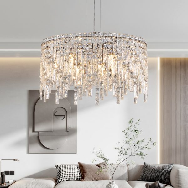 24" Luxurious Round Silver Crystal Chandelier, Contemporary Rectangular Pendant Light for Dining Room, Living Room, and Grand Foyers (Bulbs Not Included)