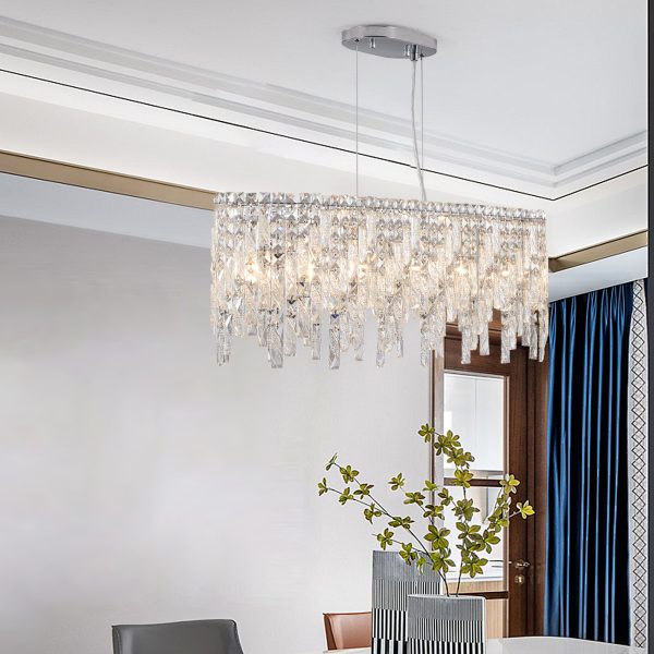 Silver Elegant Oval Crystal Chandelier, Modern Ceiling Light Fixture with Reflective Hanging Crystals for Dining Room, Living Room, and FoyerS (Bulbs Not Included)