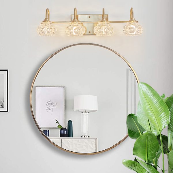 23" Modern Crystal Bathroom Vanity Light, 4-Light Golden Wall Sconce with Clear Glass Shade, Elegant Wall Mount Lighting for Bathroom, Powder Room, or Vanity Mirror (No Bulbs)